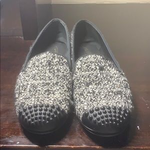 Black and white twill loafers